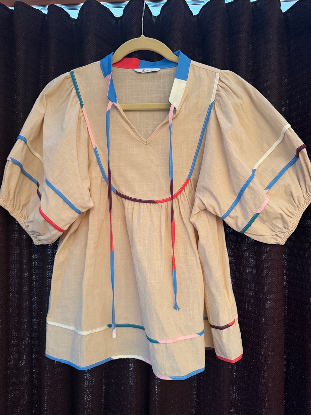 Beige Peasant Blouse with Multicolor Trim